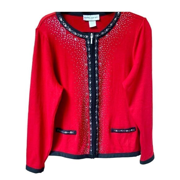 CATHY DANIEL’S Pretty Red Sequin Embroidered Zip Front Sweater Jacket. - Picture 2 of 11